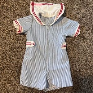 Vintage 90s Blue & White Striped Sailor Seersucker Romper with Red Trim